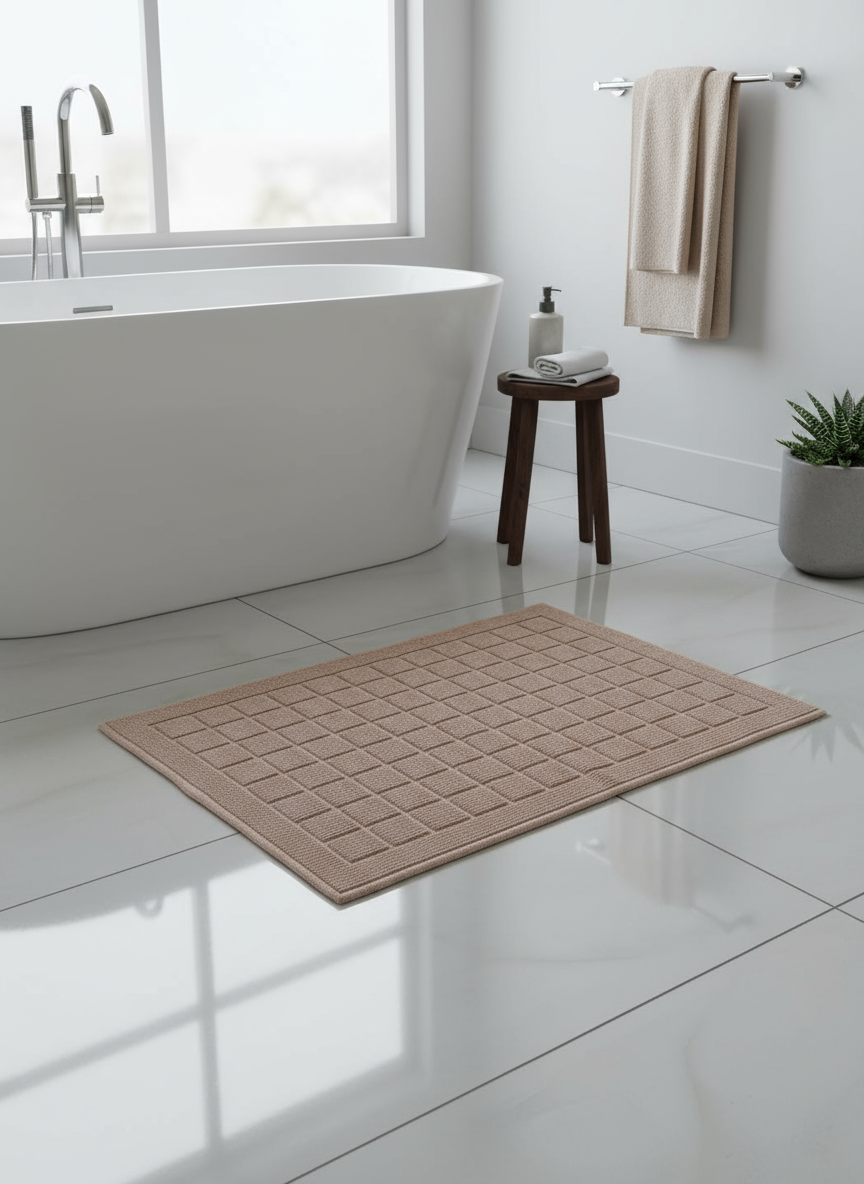 Modern Checkered Design Bath Mat - Neutral Tan Luxury Square Grid Comfort Mat