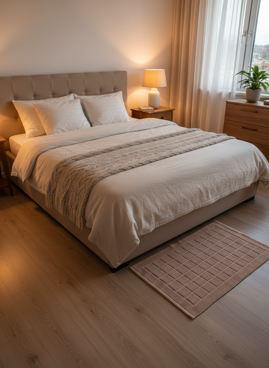 Modern Checkered Design Bath Mat - Neutral Tan Luxury Square Grid Comfort Mat